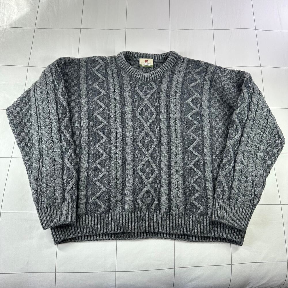 Carraig Donn Sweater Womens Large Gray Merino Wool Cable Knit Fisherman Warm